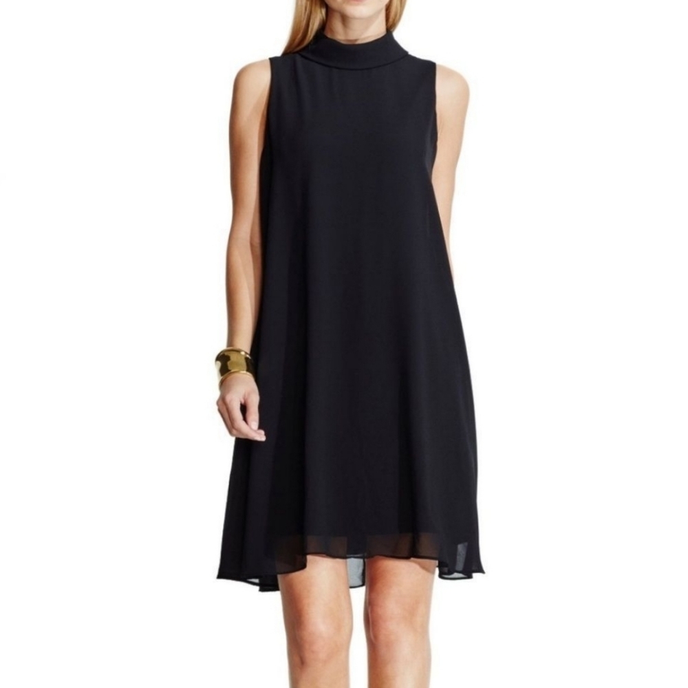 ❤️EUC Vince Camuto Black Chiffon Mock Neck Sleeveless Trapeze Shift Dress, 6